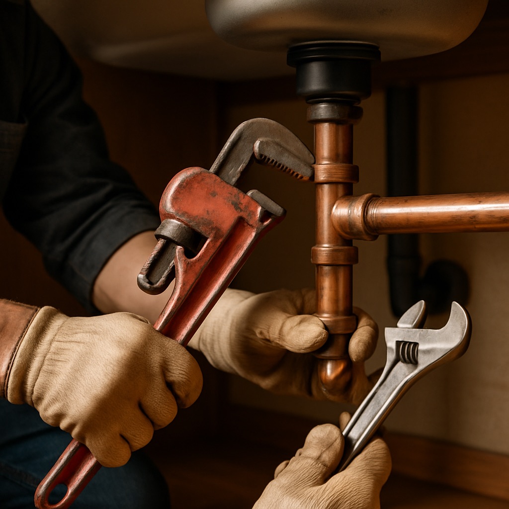 Hydraulik przy pracy, dłonie z narzędziami przy miedzianej rurze